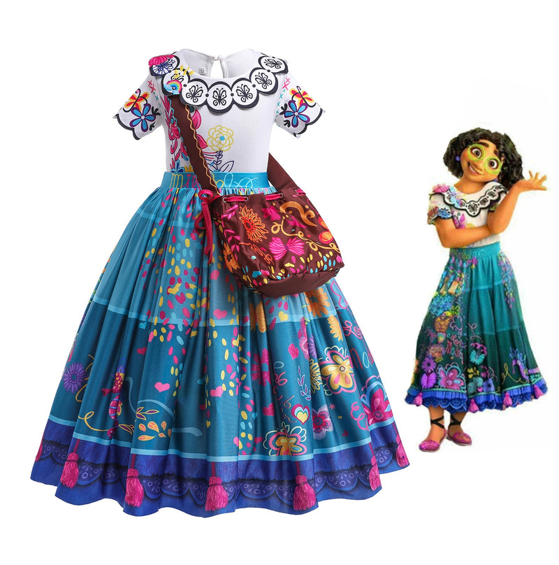 Girls Colombian fantasy dress with embroidered bodice and multi-tiered floral skirt in turquoise, navy and pink