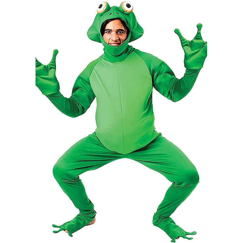 Adult wearing bright green frog prince costume with sculptural hood and googly eyes