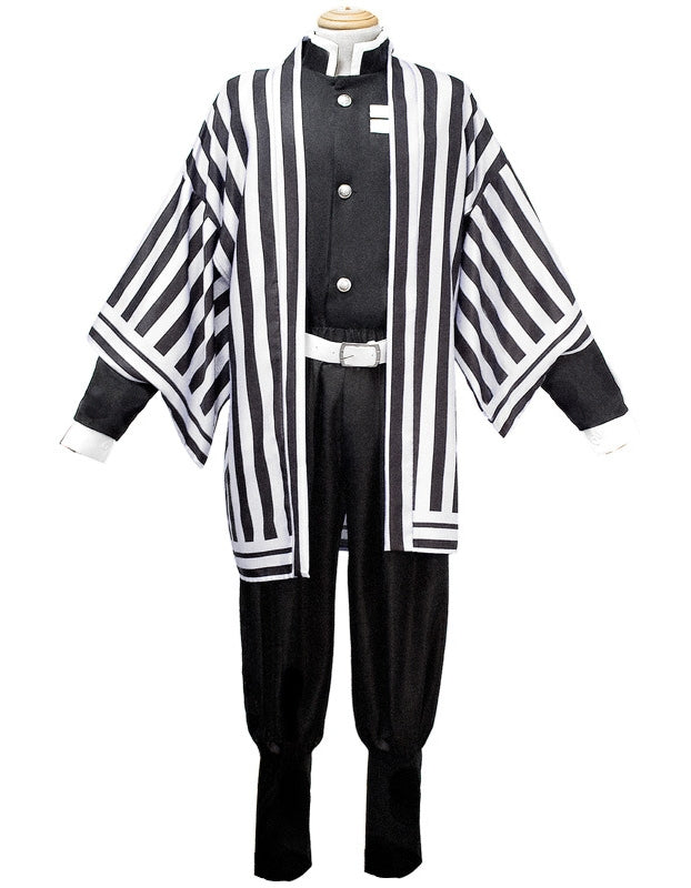 Adult anime swordsman costume with black-and-white striped haori and black uniform