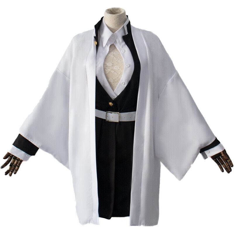 Womens anime swordsman cosplay costume with white cape and black military jacket on mannequin