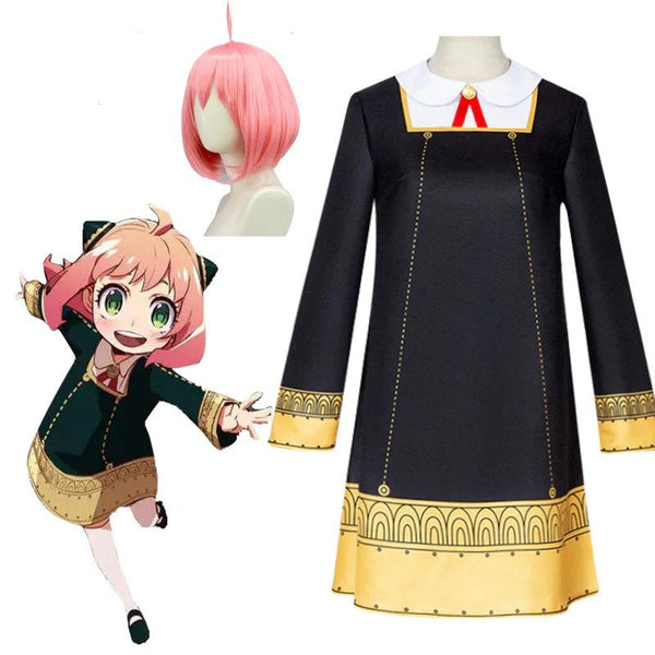 Girls anime schoolgirl dress costume with black bodice, golden trim and white Peter Pan collar