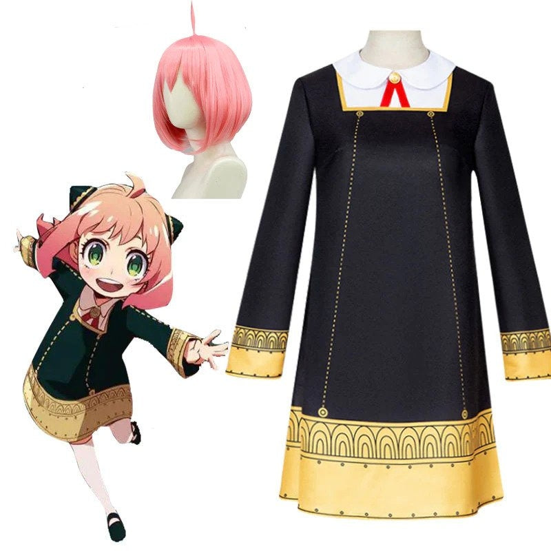 Girls anime schoolgirl dress costume with black bodice, golden trim and white Peter Pan collar