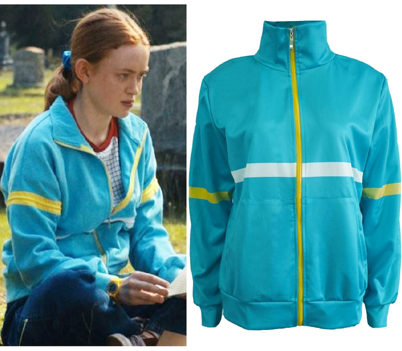 Turquoise blue youth track jacket with bright yellow zipper and white racing stripes on sleeves