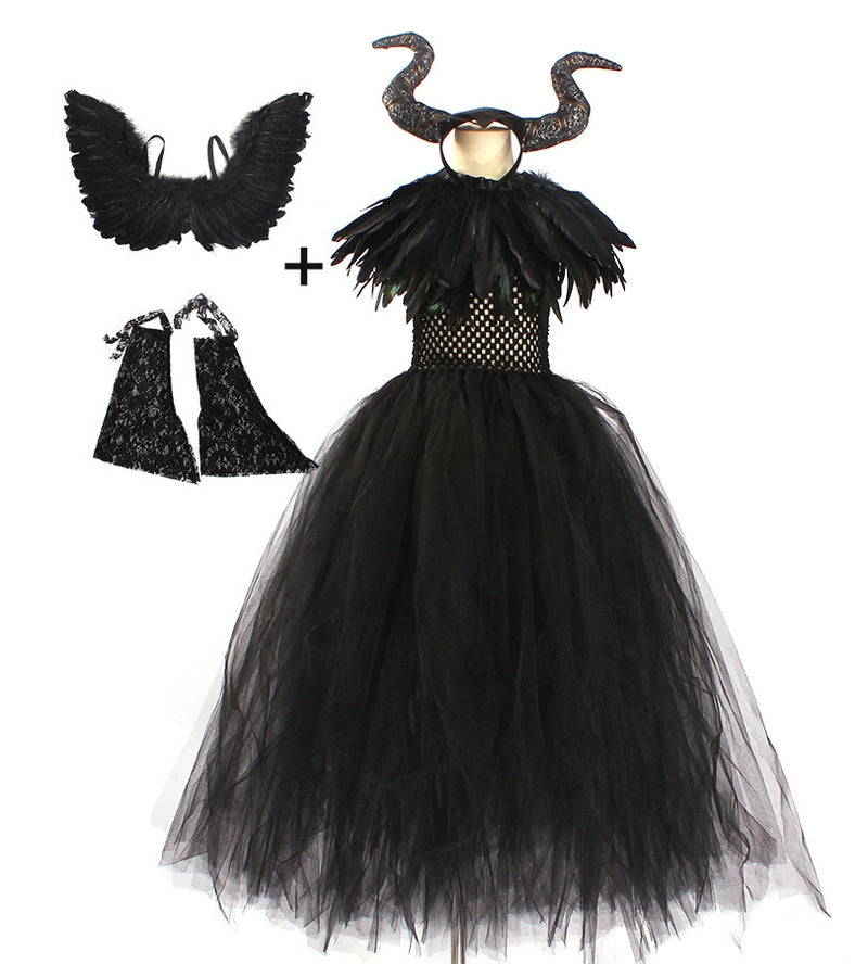 Kids dark fairy villain costume with black tulle dress, horned headband and feathered cape