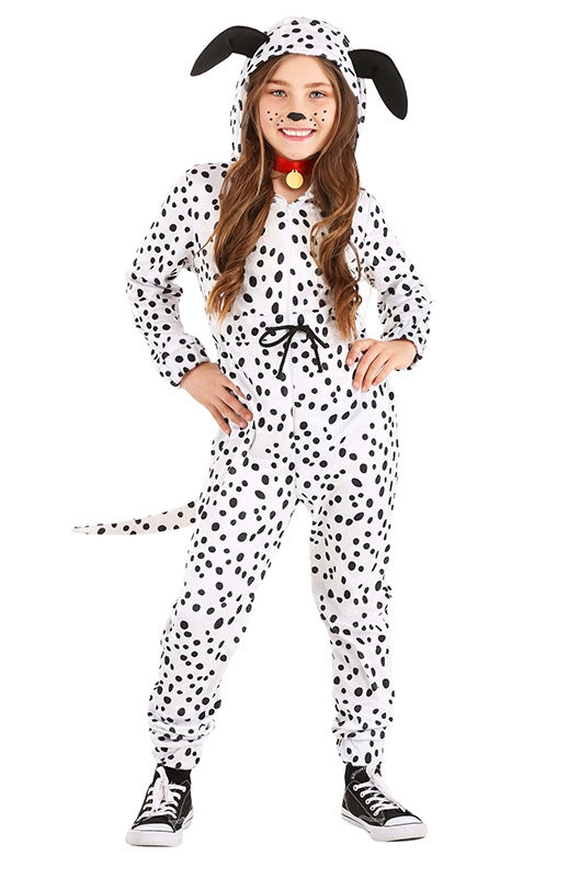 Child wearing white Dalmatian jumpsuit costume with black spots and hood with floppy ears