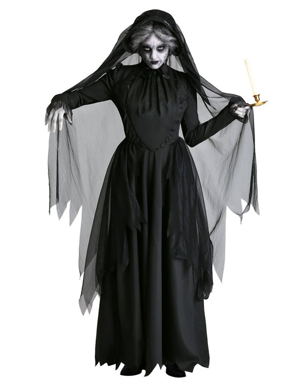 Full length black zombie bride dress with hooded veil and tattered wing sleeves for Halloween