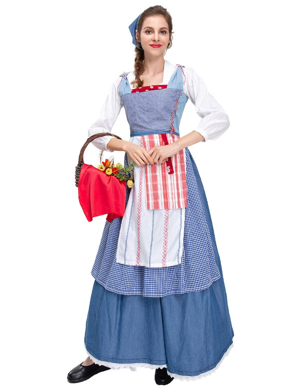 Womens village belle costume with blue bodice, white blouse, layered apron and headscarf