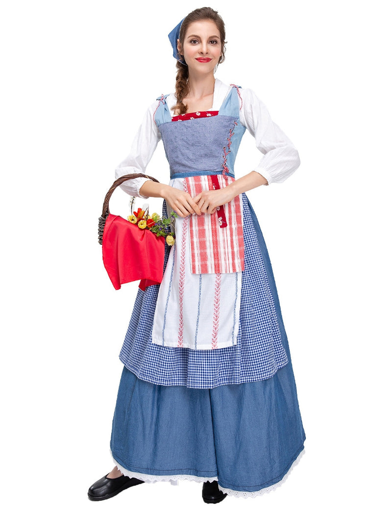 Womens village belle costume with blue bodice, white blouse, layered apron and headscarf