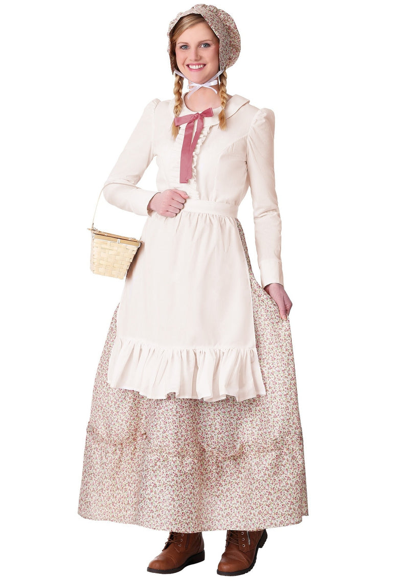 Womens Victorian grandma costume full-length view showing cream bodice, floral skirt, apron and bonnet