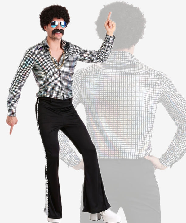 Mens 70s disco costume with silver holographic mirror-ball shirt and black flared pants with sequin stripe