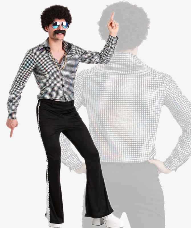 Mens 70s disco costume with silver holographic mirror-ball shirt and black flared pants with sequin stripe