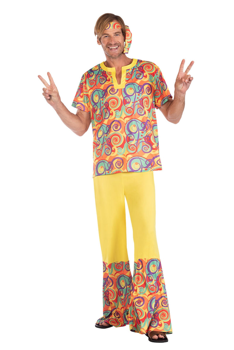 Mens hippie costume with psychedelic swirl tunic and bell-bottom pants in vibrant multi-colour print