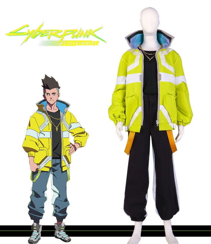 Adult mens cyberpunk anime costume with neon yellow high-vis jacket and black cargo pants on white background