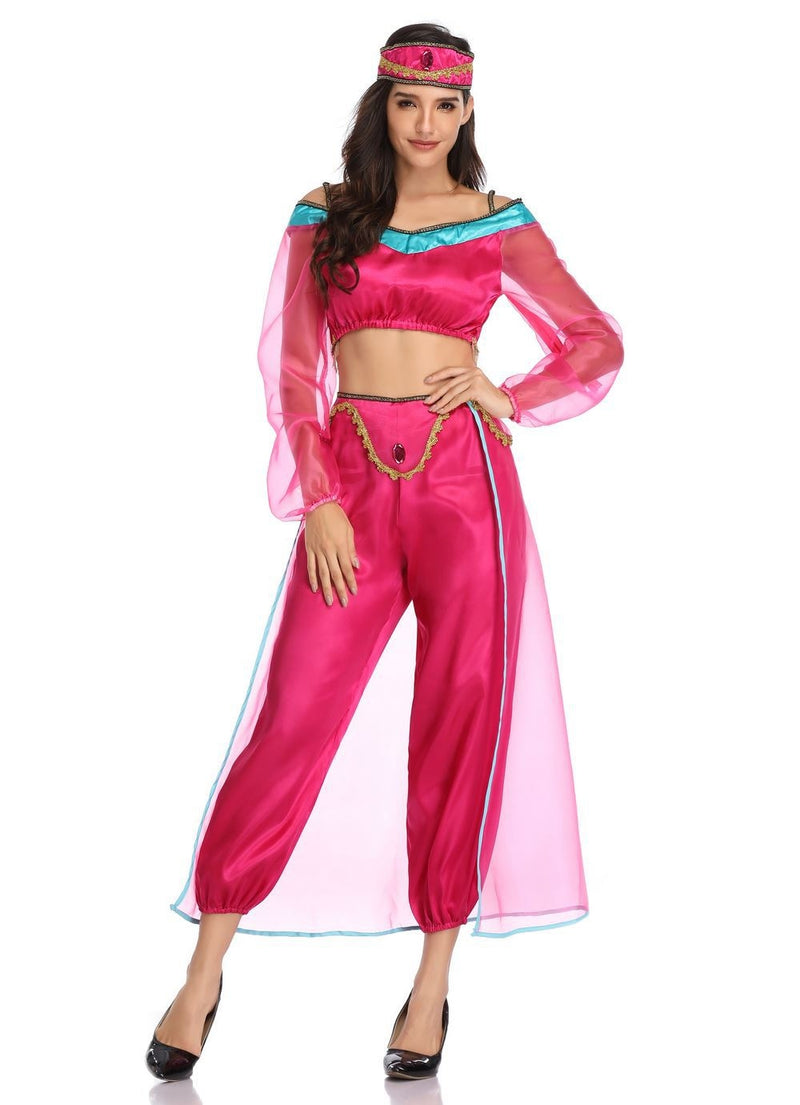 Women's hot pink Arabian princess costume with crop top, harem pants and jewelled headband