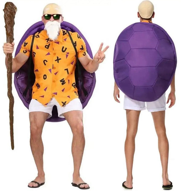 Adult wearing orange martial arts master costume with purple turtle shell backpack and white beard