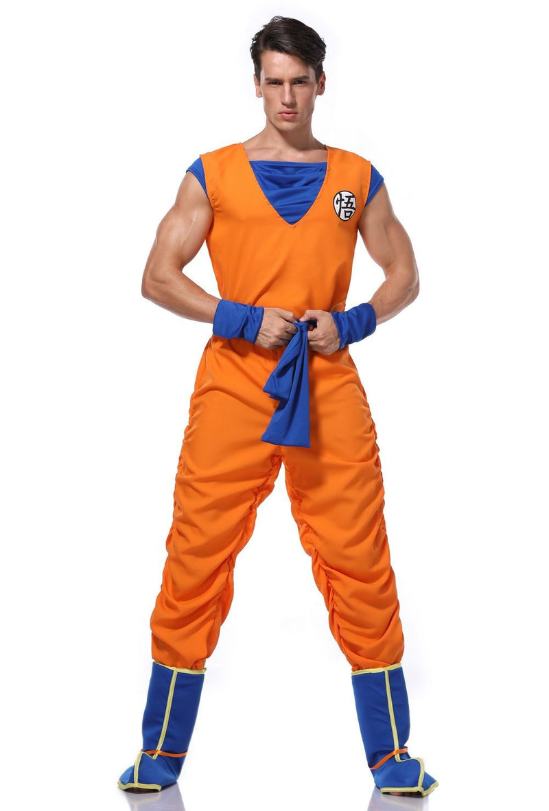 Kids anime fighter costume with orange gi top, blue belt and armbands, yellow boot covers