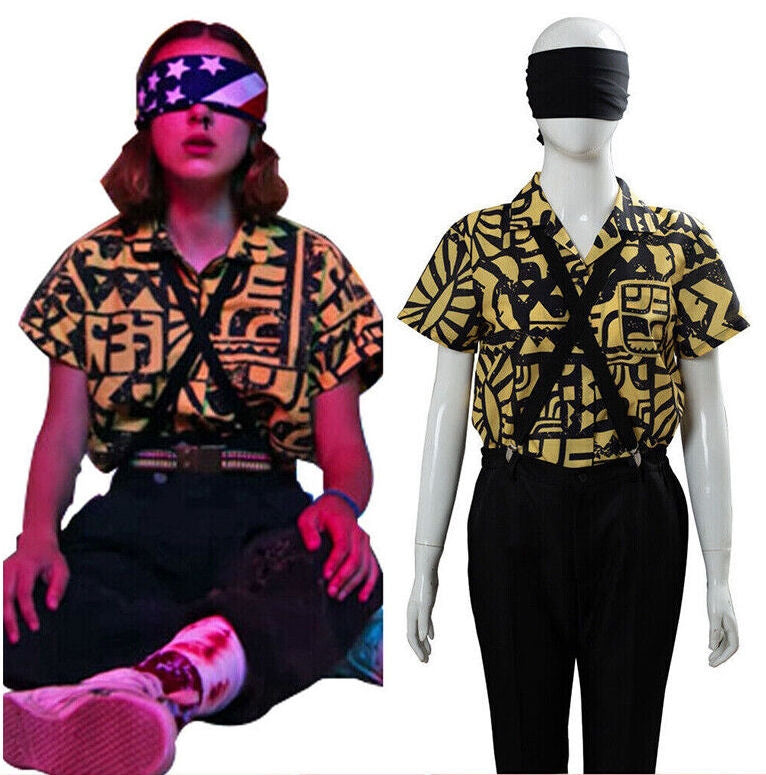 Women's 80s retro geometric print shirt costume in black and yellow with Memphis-style pattern