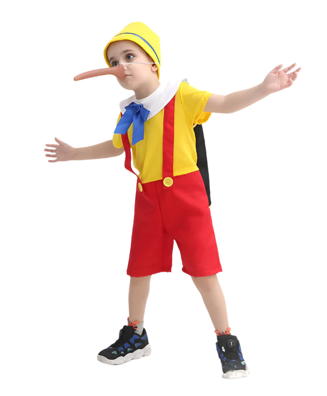 Kids Wooden Puppet costume with yellow hat, red shorts, white collar, and long fake nose on white background