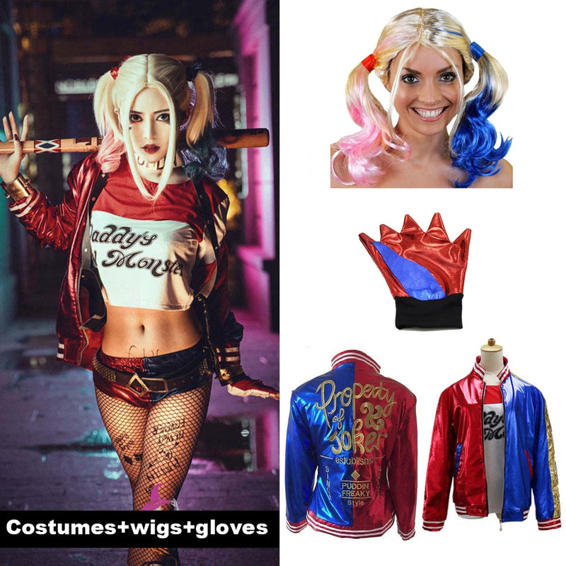 Harley Quinn Harlequin Suicide Squad Full Costume Set Plus Wigs and Gloves